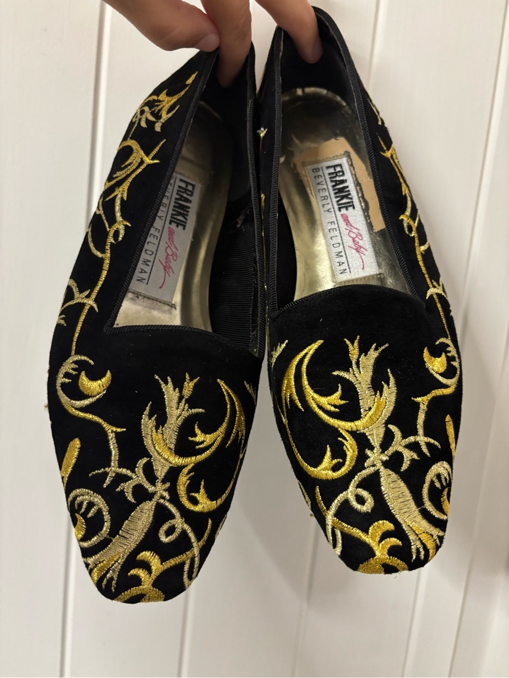 Beverly Feldman Black Velvet Loafers with Gold Embroidery